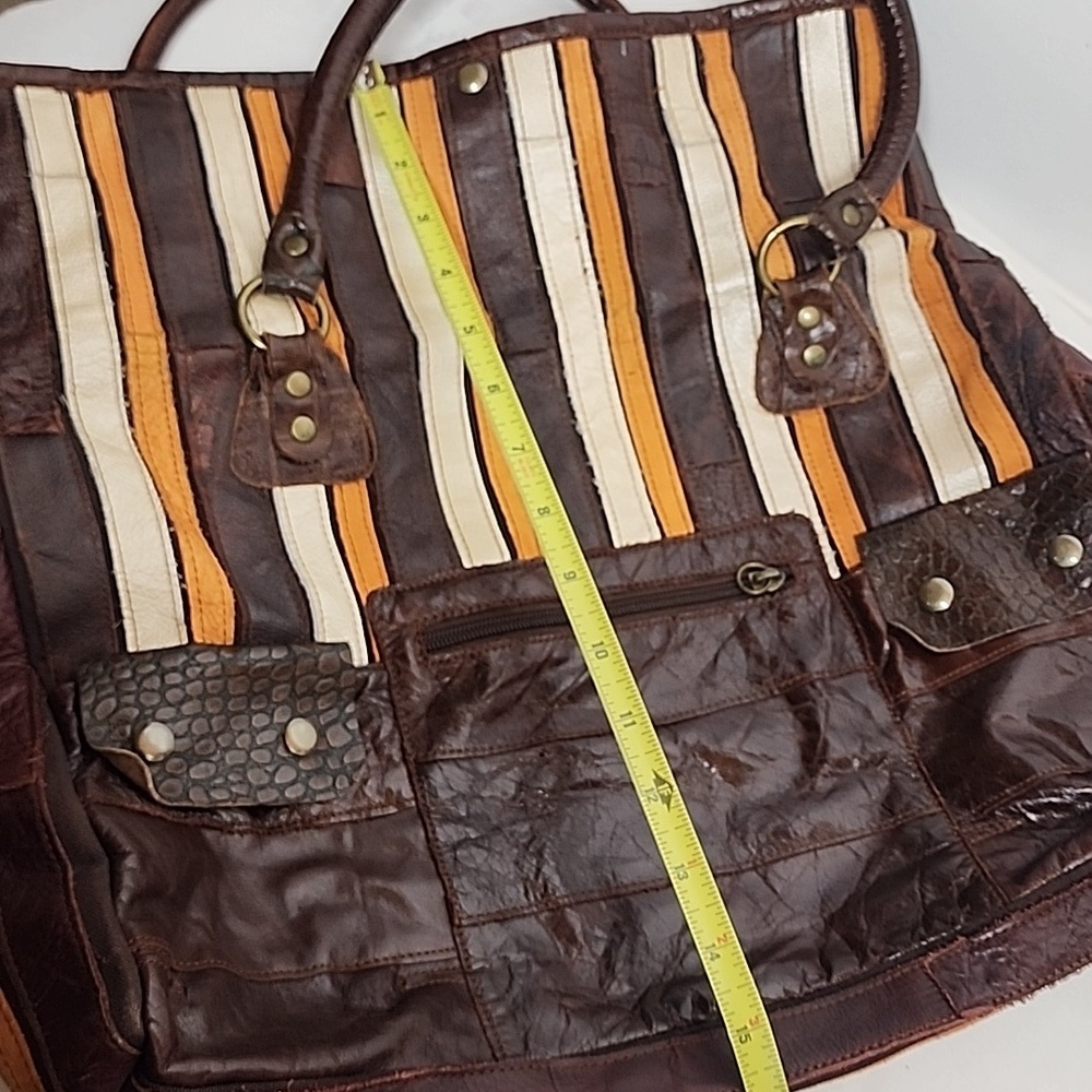 De. De Vintage Striped Brown and Orange Leather Women's XL Tote Bag - Picture 9 of 15